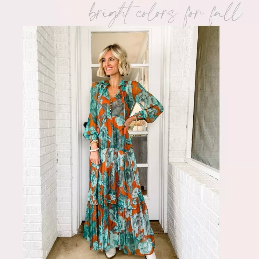 Anthropologie Teal and Rust Floral Dress